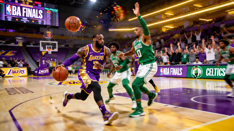 NBA总决赛湖人队与凯尔特人队激烈对抗的比赛照片